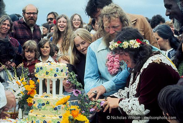Nancy Littleriver and Sunshine cut wedding cake at Pt. Cabrillo 1977