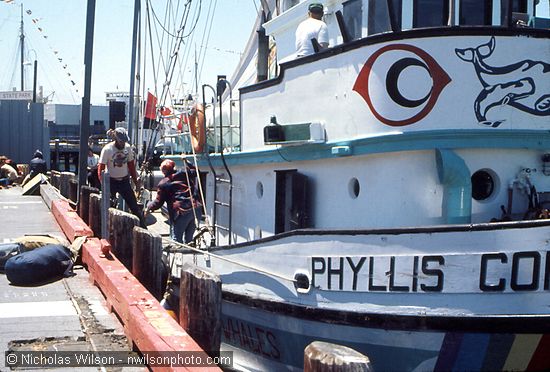 The Phyllis Cormack takes on equipment at Fisherman's Wharf in San Francisco in preparation for an anti-whaling patrol with the Mendocino Whale War in late June, 1976.