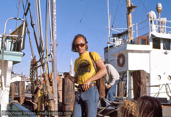 Dr. Paul Spong of Greenpeace Foundation, Vancouver, Canada, comes aboard the Phyllis Cormack in San Francisco.