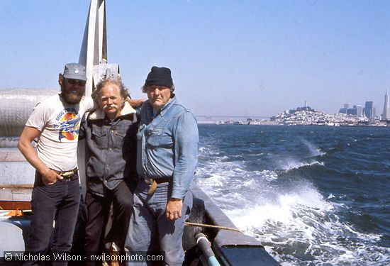 John Griffith, J.D. Mayhew and Byrd Baker on deck as the Phyllis Cormack heads out the Golden Gate in June 976.
