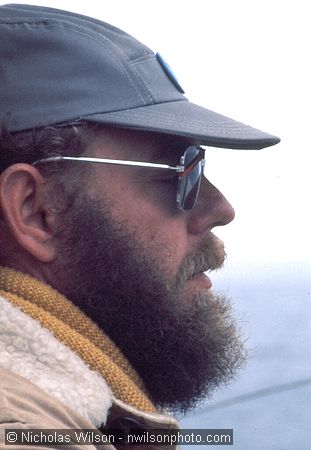 John Griffith close up as he pilots the Phyllis Cormack from the flying bridge during the Mendocino Whale War's 1976 anti-whaling patrol off the northern California coast.