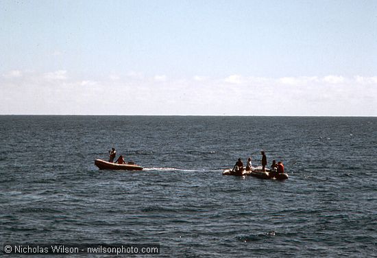 The Mendocino Whale War's Byrd Baker and J.D. Mayhew hold a confidential meeting with Greenpeace leaders during a July 1, 1976 rendezvous at sea 100 mi. off Cape Mendocino.