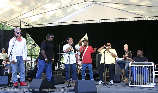 The Campbell Brothers with guests (l to r) Greg Brown, Eric Bibb and Linda Tillery