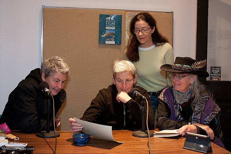 New Zealand filmmakers the Topp Twins interviewed by Debra Scott on KZYX-FM as Mendocino Film Festival board member Betsy Ford looks on.