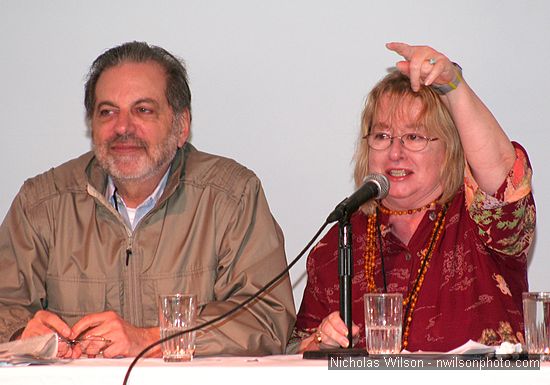 Chuck Braverman and Pat Ferrero during a panel discussion on Activism and Distribution.
