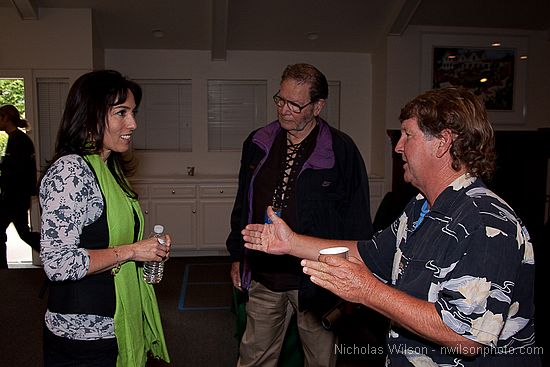 An audience member chats with fiilmmaker Audrey Wells after an event at Little River Inn's Abalone Room. Rich Aguilar looks on.