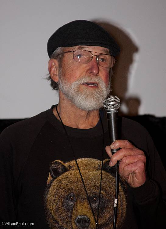 Les Blank takes questions after the showing of "Burden of Dreams" at Crown Hall.