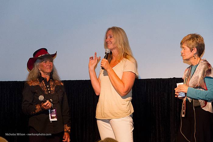 Lari Shea of Richochet Ridge Ranch (left) joins a spokesperson for Wild Horse Wild Ride and MFF hostess Tommie Smith (right) for Q&A after the film showing.