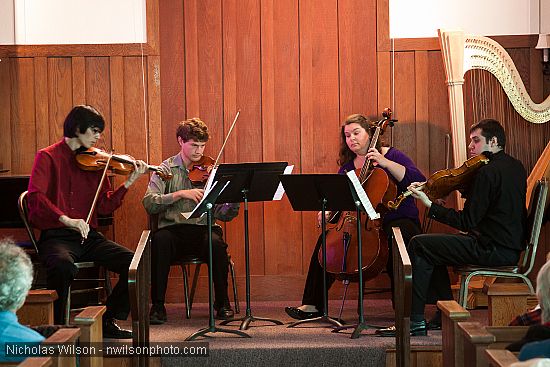Wayne Shen and Zachary Ragent, Elizabeth Grunin and Aaron Rosengaus perform Mozart's Quartet in C Major.