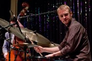 Evan Hughes on drums with the Julian Pollack Trio.