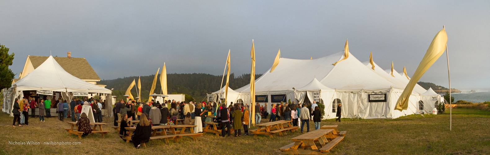 Panoramic view of the MMF's big 850-seat concert tent on the grounds of Mendocino Headlands State Park.