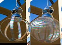 A solar-powered whirligig creates color pattersns at low speed (left) and high speed.SolFest 2007