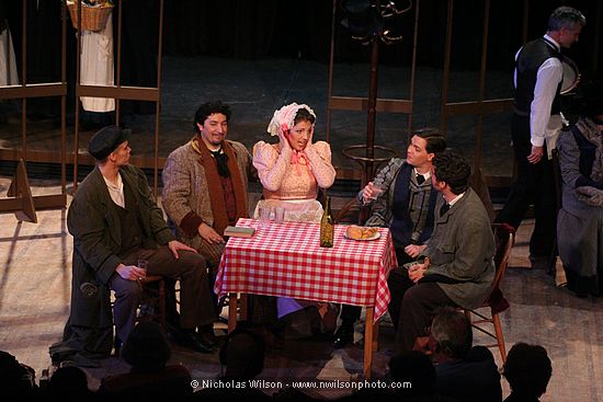 Colline (Bryan Boyce), Rodolfo (Pedro Rodelas), Mimi (Jessica Julin), Schaunard (John Dooley) and Marcello (Adam Juran) at Cafe Momus.