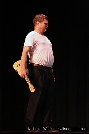 Patrick Irwin with ukulele in performance with brother Bill at Cotton Auditorium, Fort Bragg CA