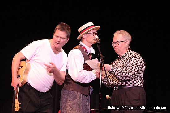 Bill Irwin with Patrick Irwin and Max Forseter in performance at Cotton Auditorium, Fort Bragg CA
