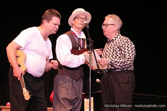 Bill Irwin with Patrick Irwin and Max Forseter in performance at Cotton Auditorium, Fort Bragg CA