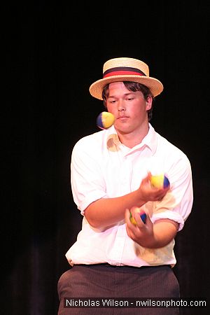 Juggler David Kosonen in performance with Bill Irwin at Cotton Auditorium, Fort Bragg CA