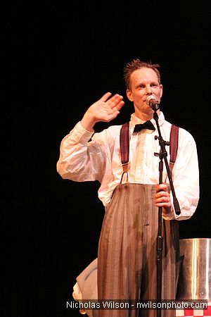 Bill Irwin takes questions and suggestions from the audience at Cotton Auditorium, Fort Bragg CA
