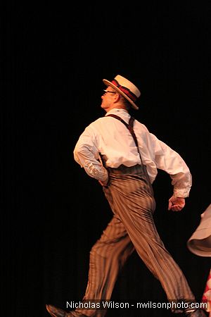 Bill Irwin exits stage right at Cotton Auditorium, Fort Bragg CA